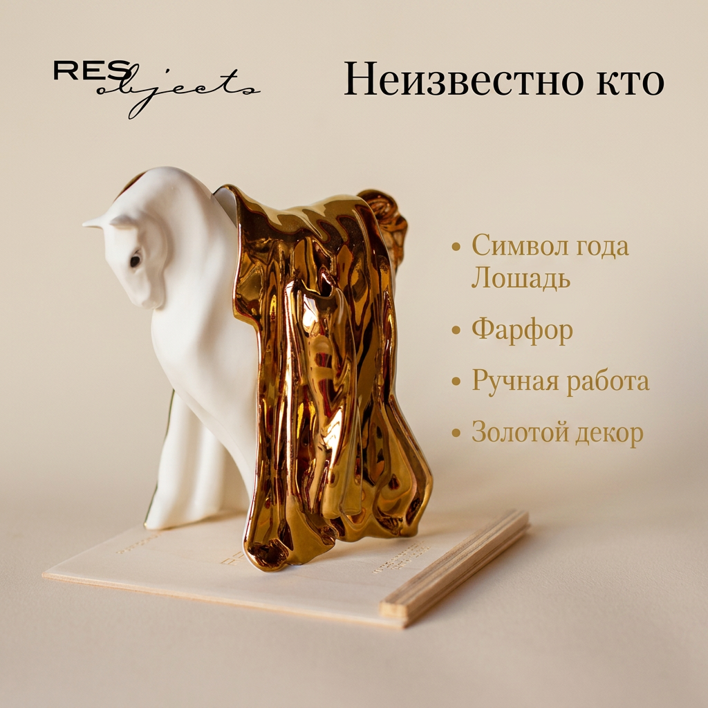 Фигурка из фарфора Лошадь, "Неизвестно кто" золотой декор, RES Objects